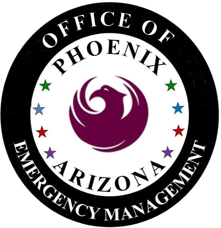 The logo for the Office of Emergency Management. It has the text "Office of Emergency Management" in a circle, surrounding eight starts, the Phoenix bird emblem, and the words "Phoenix" and "Arizona".