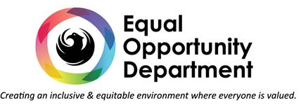 The Equal Opportunity Department logo, featuring the Phoenix bird logo surrounded by a circle of rainbow colors a and line of text at the bottom that reads "Creating an inclusive & equitable environment where everyone is valued."