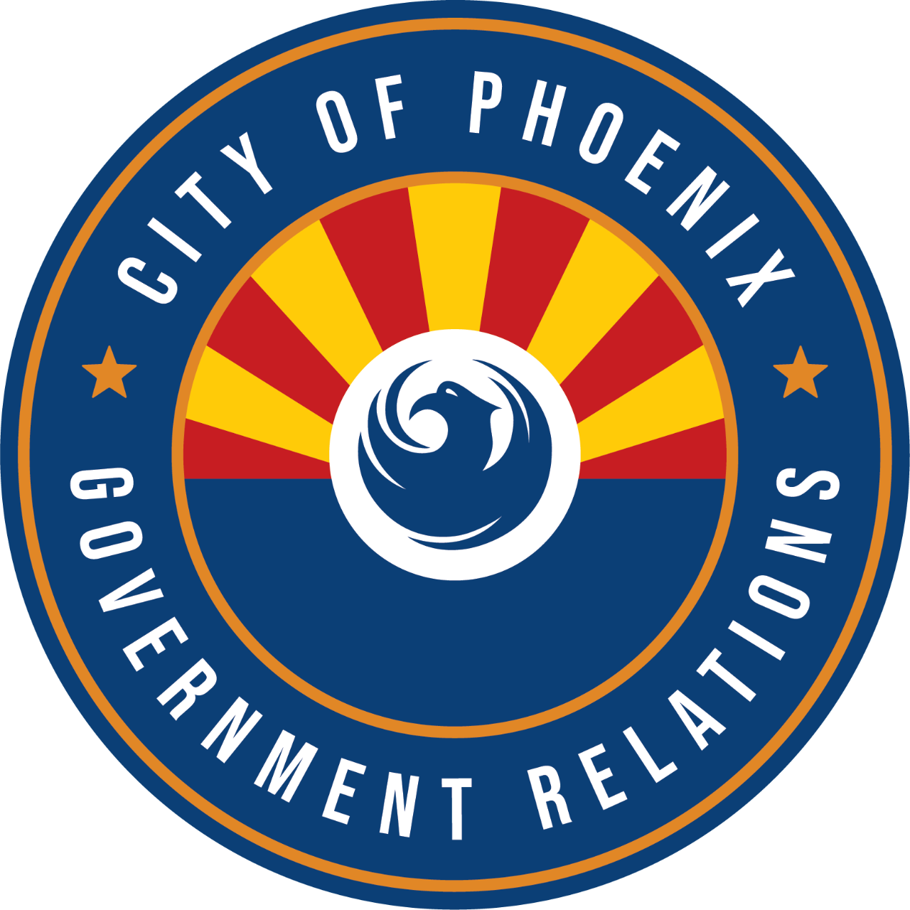 Circular navy blue logo of the Phoenix Office of Government Relations, with circular text wrapping around the logo that reads "City of Phoenix Government Relations"