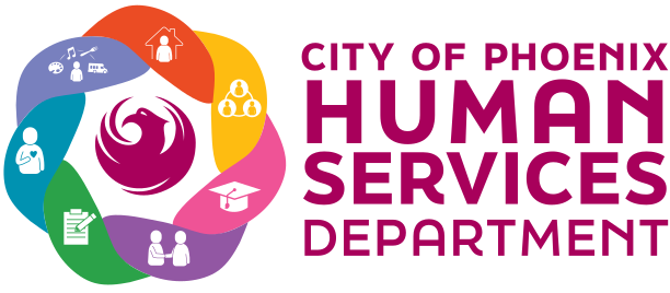 The logo of the Human Services Department, featuring the Phoenix bird logo encircled by a colorful ribbon that contains icons of the department's services.