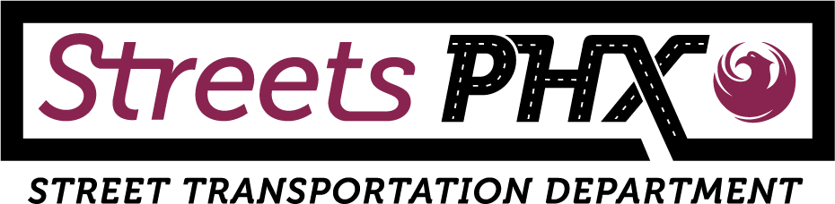 The Phoenix Streets Department logo consists of the text "Streets PHX" and the Phoenix bird logo surrounded a by a bold, black, rectangular outline. Underneath, it reads "Street Transportation Department" in smaller font.
