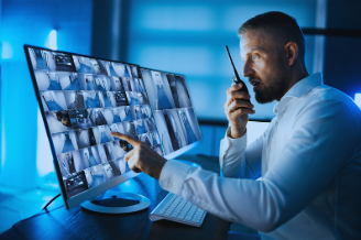 A man wearing a blue shirt sits at a table in a work setting. He is facing two computer monitors that display security camera footage. He points at one of the camera images with his left hand while holding a radio or walkie-talkie in his right hand, speaking to someone. The image suggests he is a security guard monitoring the area.