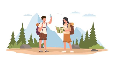 Illustration of two hikers, one looking at map and the other holding up a cell phone.