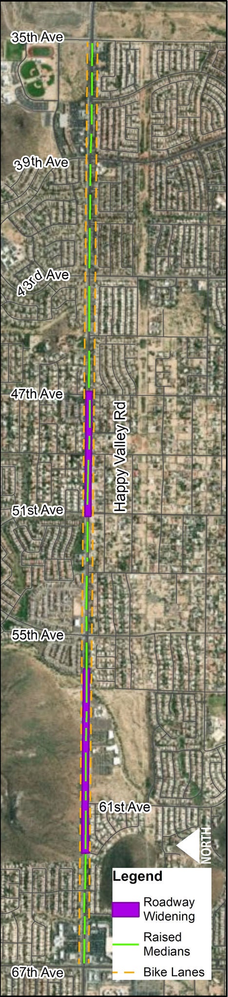 Aerial Map of Happy Valley Road showing project area from 25th Avenue to 67th Avenue. Along different parts of the road, the project involves roadway widening, raised medians, and bike lanes.
