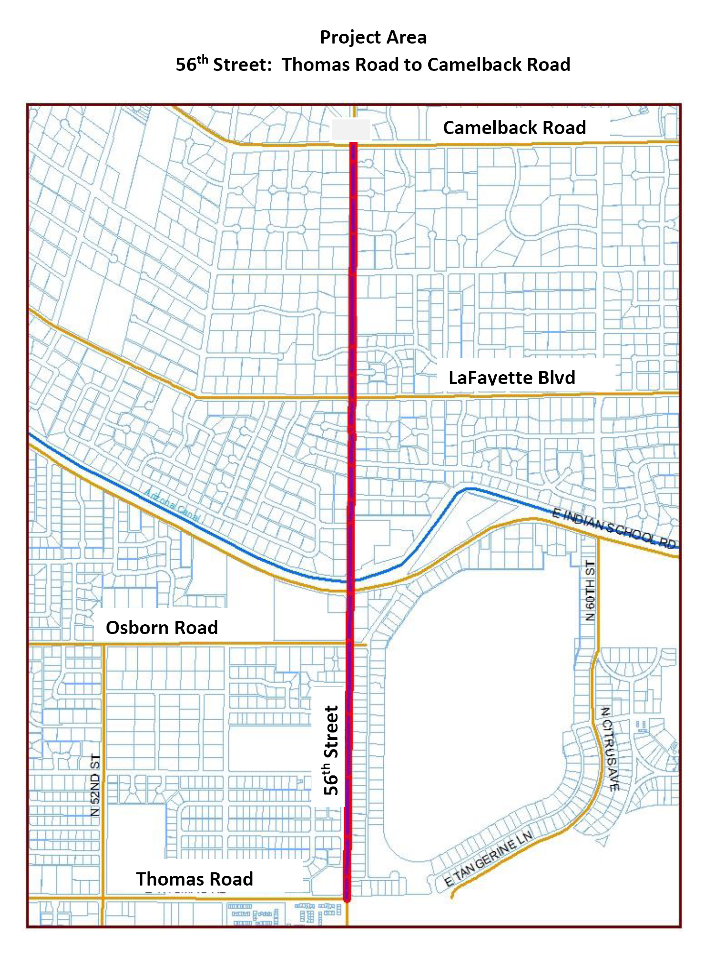 Map of project area on 56th street from Thomas Road to Camelback Road.