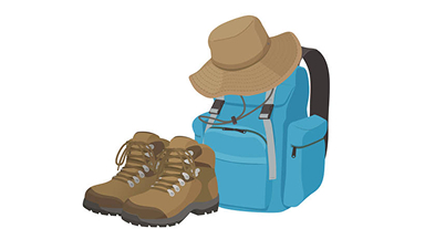 Illustration of hiking boots, a backpack, and a hat with a brim.