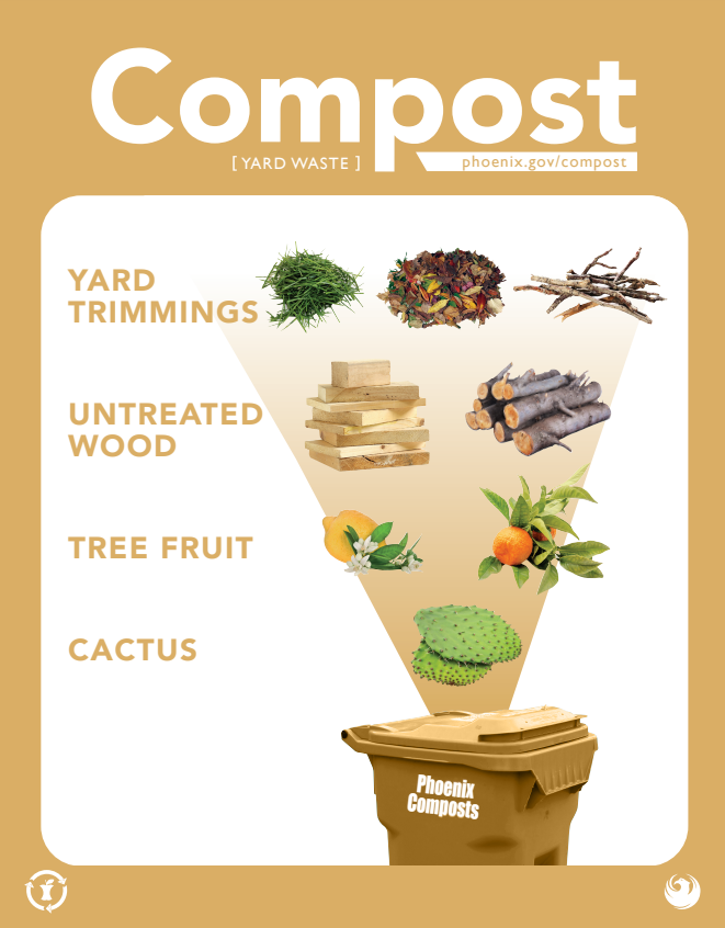 A graphic showing pictures of items that are acceptable in the compost bin including yard trimmings, untreated wood, tree fruit, and cactus.