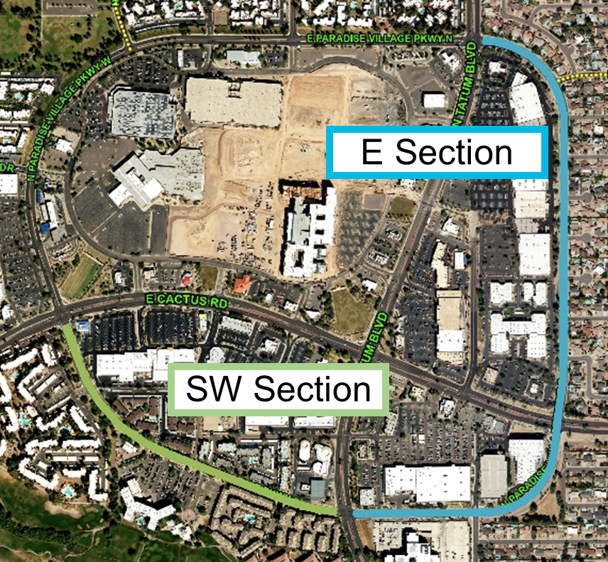 Map showing southwest and east sections of the Paradise Village Parkway loop