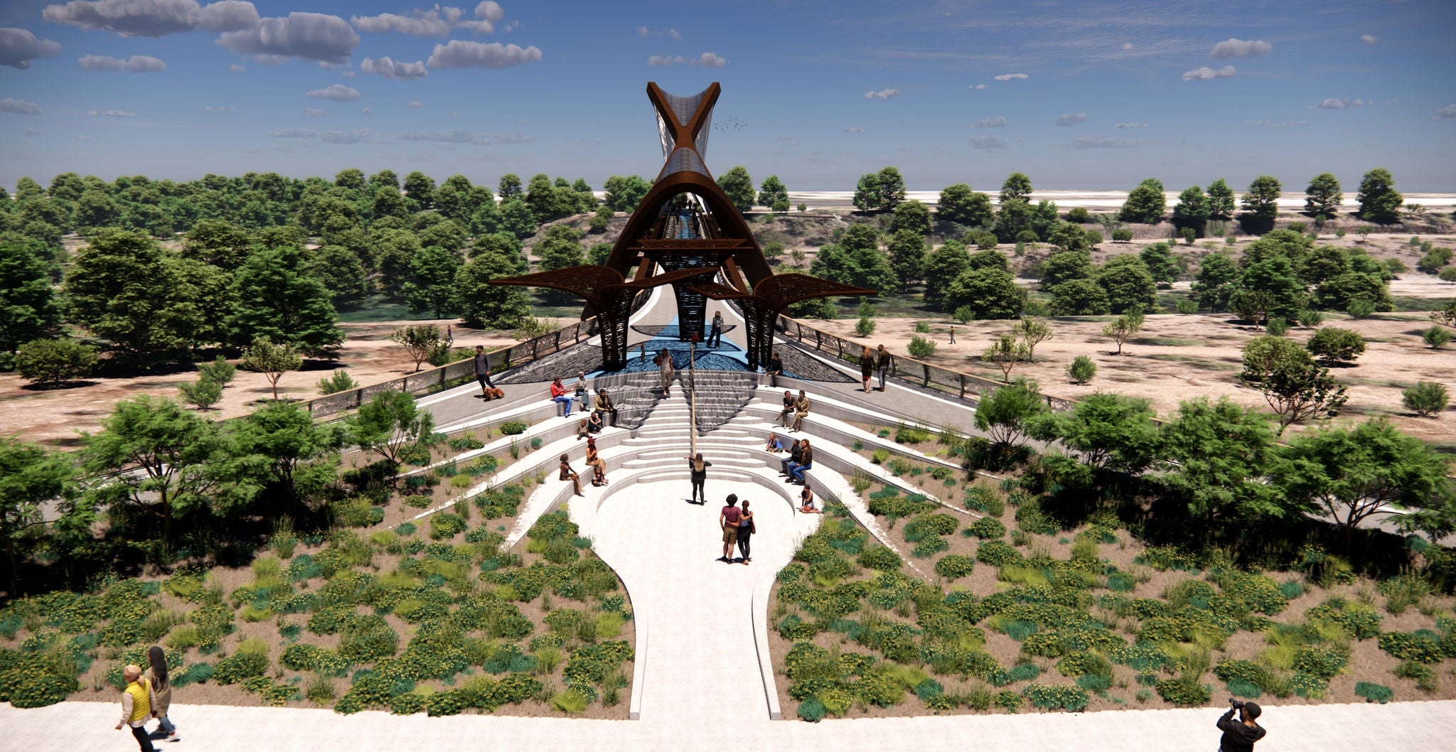 Rendering of an white steps forming an amptiheatre gathering space in front of a bridge.