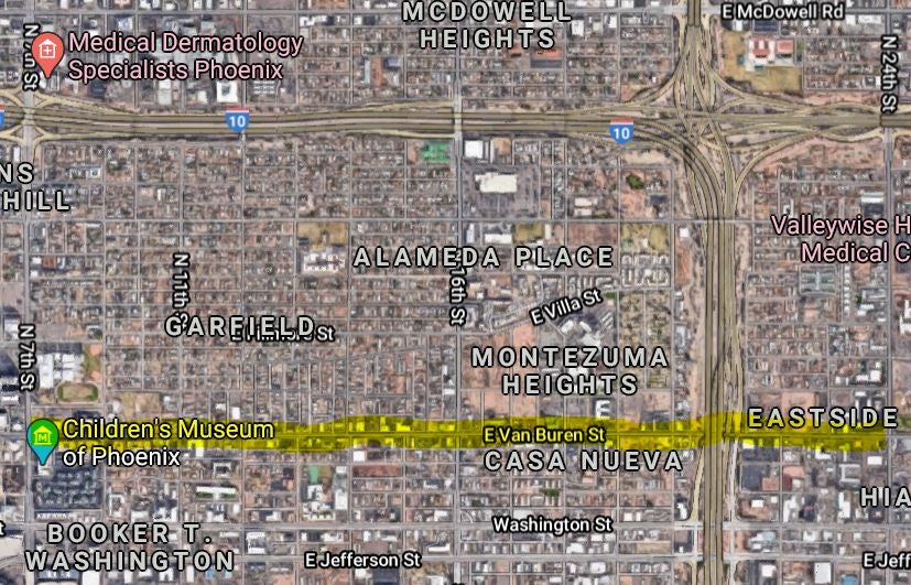 Map of project area on East Van Buren Street from 7th Street to 24th Street.