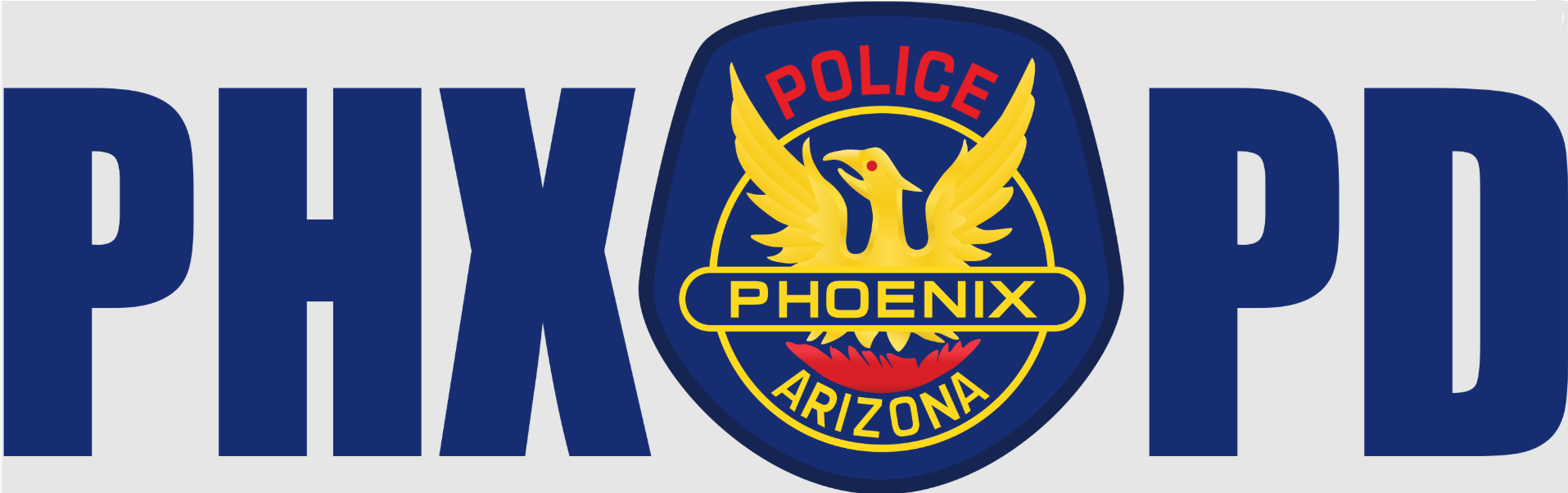 Phoenix Police Department (PHX PD) logo featuring a police badge with a golden phoenix, red and yellow text, and a dark blue background.
