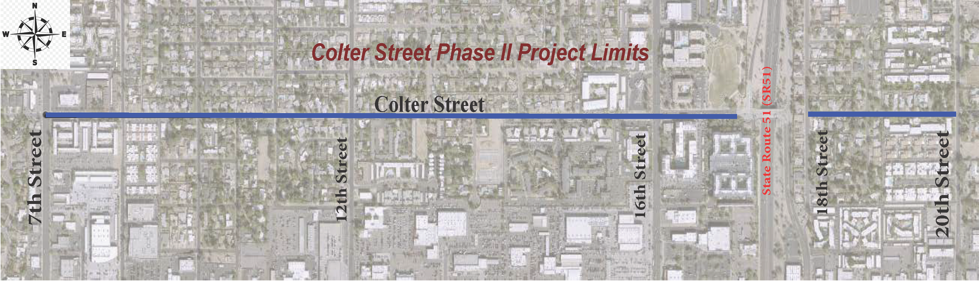 Map of phase 2 project area on Colter Street from 7th Street to 20th Street.