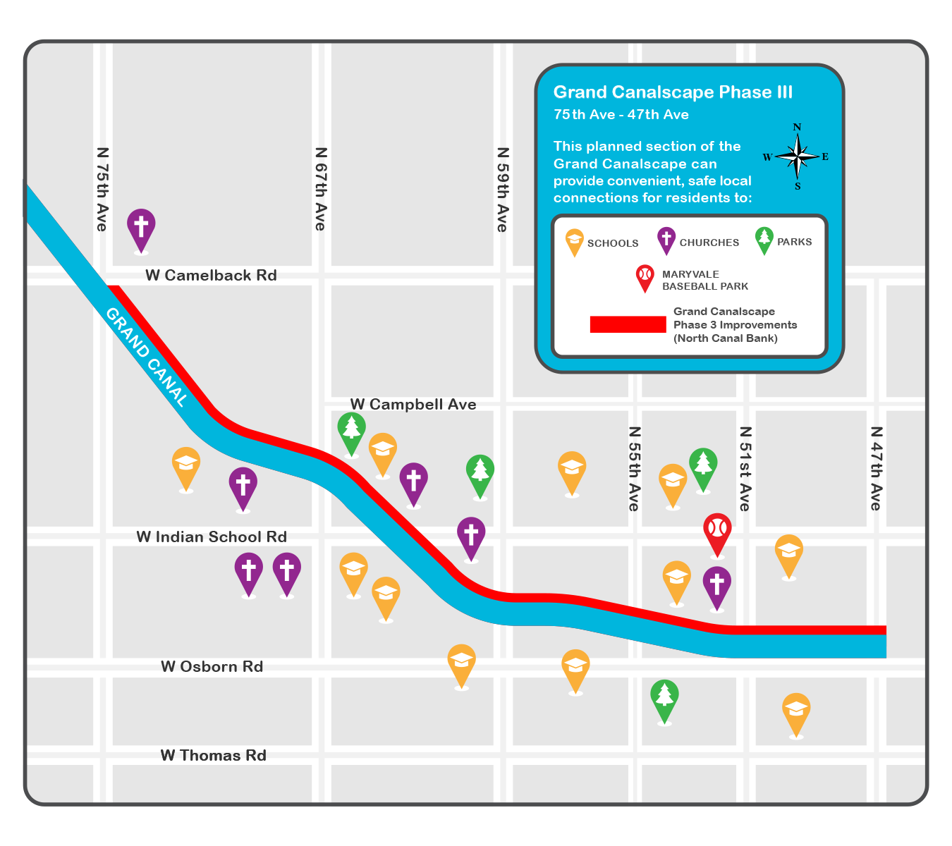 Map of planned section for the Grand Canalscape. Pins show safe local connections for residents to schools, churches, parks, and Maryvale baseball park.