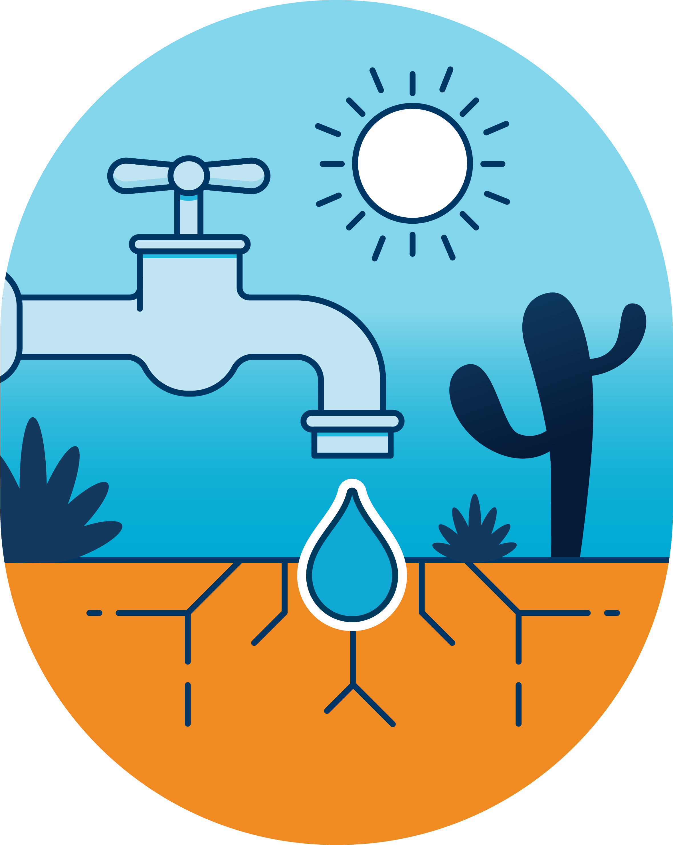 Graphic showing a drop of water coming from a faucet in a cracked desert landscape.