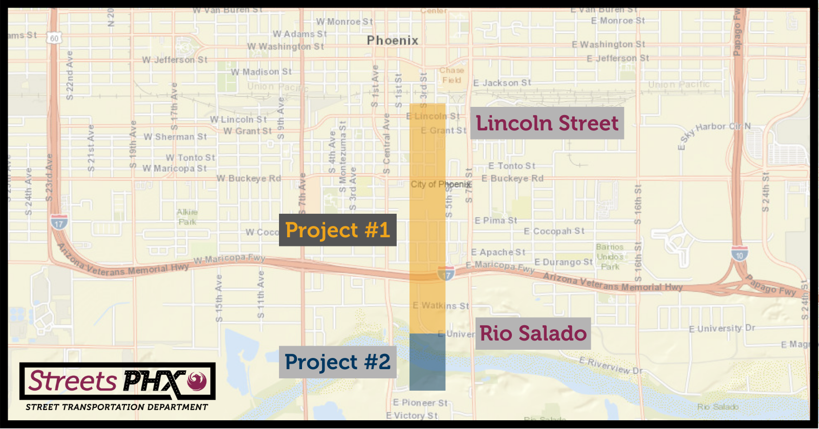 3rd Street Project m ap, highlighting project number one from Lincoln Street to Rio Salado, and project number two highlighting the bridge area.