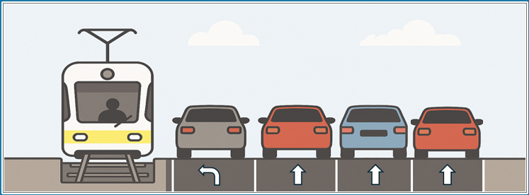 Graphic showing current lane configuration, which depicts three lanes of travel and no metered parking.