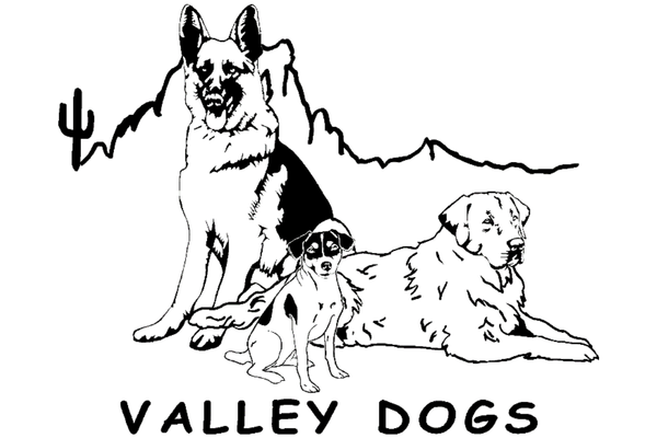 Valley Dogs rescue black and white logo with an image of three dogs