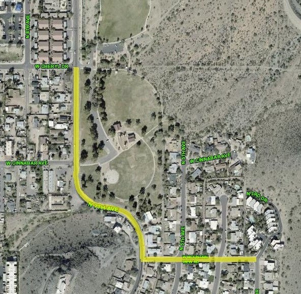 Map of 7th Ave and Mountain View Road Project, with highlights on North 7th Avenue and West Mountain View Road.