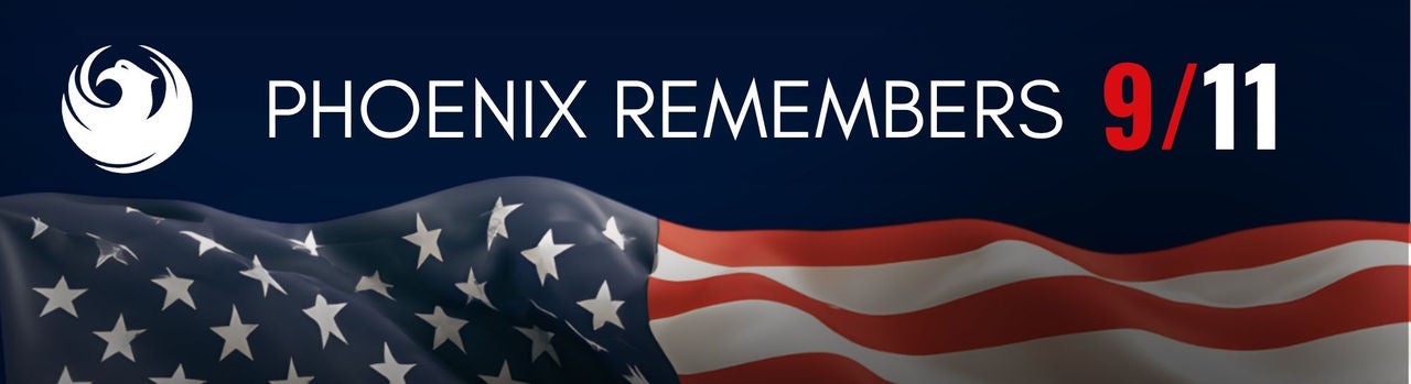 Photo graphic with the City of Phoenix Bird Logo and text that reads "Phoenix Remembers 9/11" with the visual of an American Flag. 