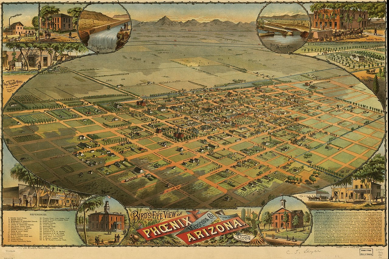 An 1885 lithograph of a bird's-eye view of the city of Phoenix, Arizona, created by C. J. Dyer and published by Schmidt Label and Lithograph Company.