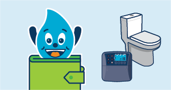 Wayne the water drop popping out of a wallet with an irrigation smart controller and an EPA WaterSense toilet in the background