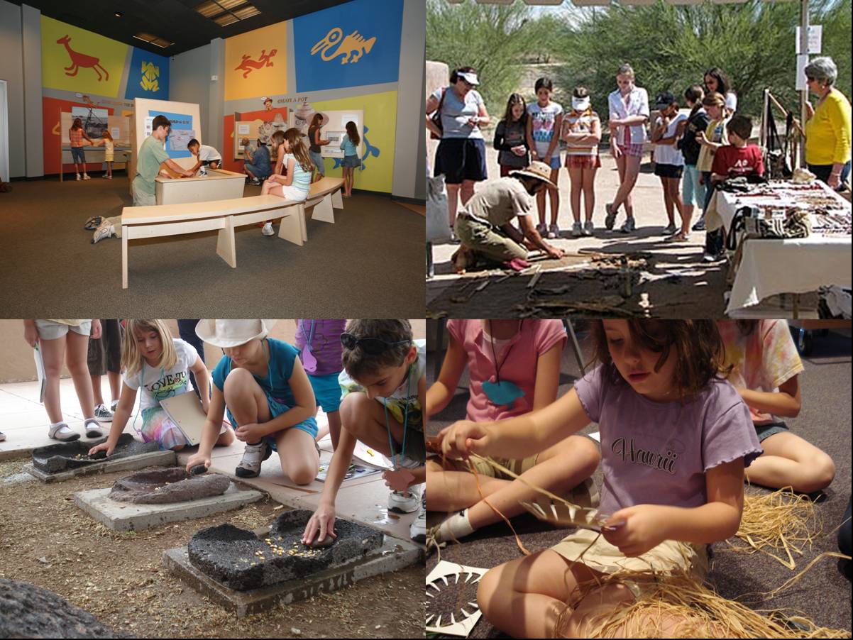 Collage of four photos showing children and visitors at the museum engaging in interative activities.