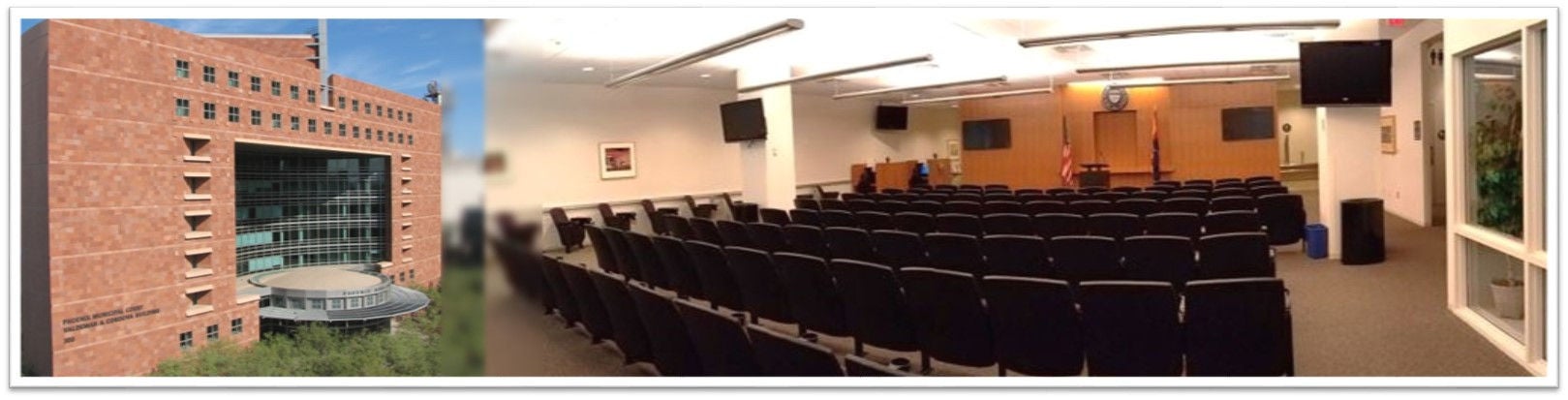 Combined image with a photo of the court building and a photo of a court room. 