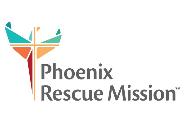 phoenix rescue mission text written in gray with a yellow cross design as the logo