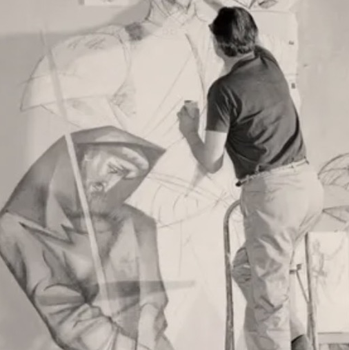 Historic photograph shows Paul Coze making the mural