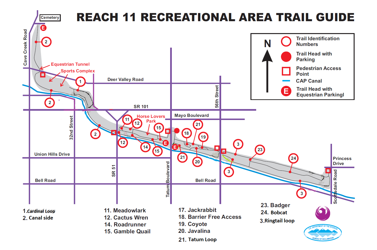 Map of trails in Reach 11 Recreational area. There are 21 trails that start at the north end of the park near the cemetery and end on the southeast side of the park near Princess Drive.