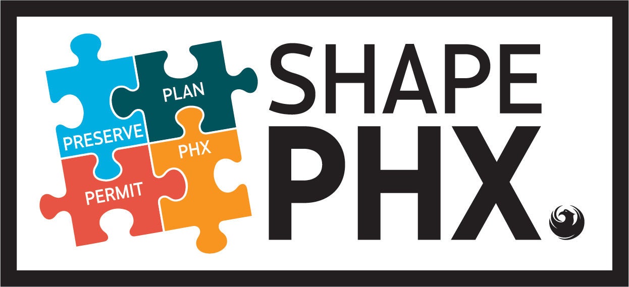 The SHAPE Phoenix logo with 4 different colored puzzle pieces with 4 words