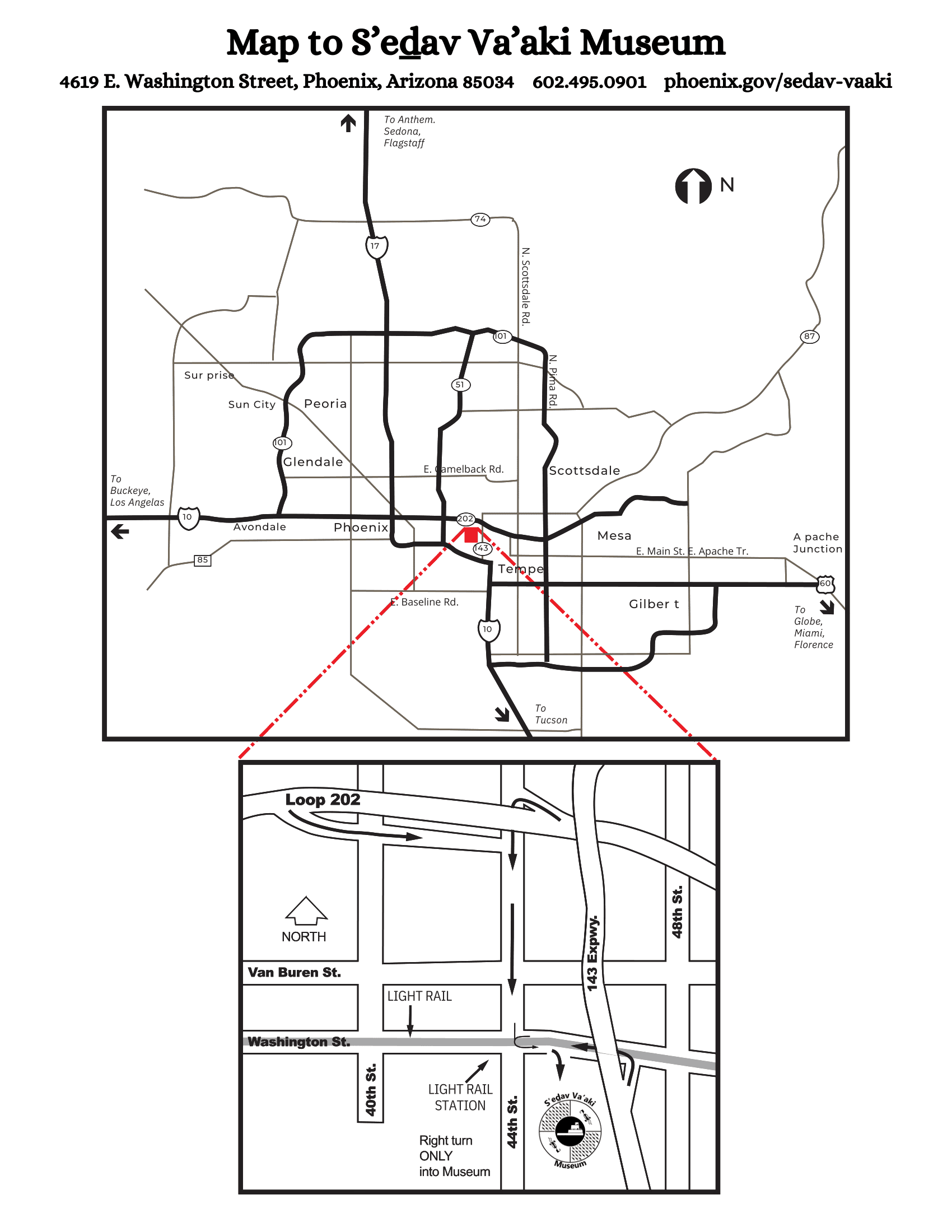 Line drawn map showing directions to get to S'edav Va'aki Museum.