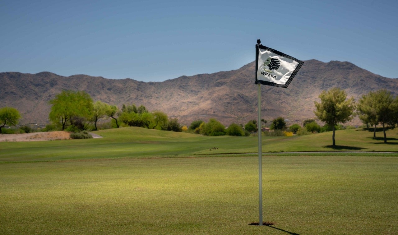 Aguila golf course. Mountains are visible beyond a putting green, and a golf flag waves in the wind.