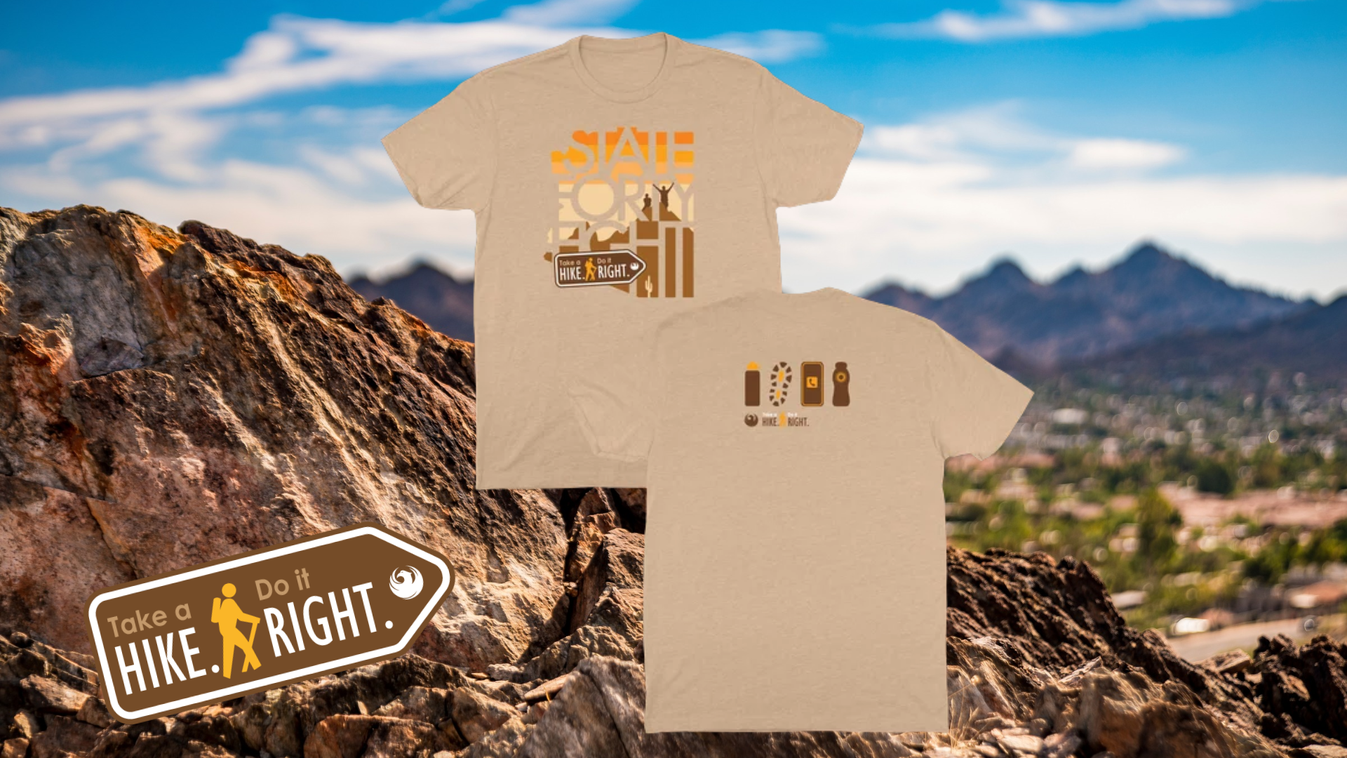 Background image of mountain preserve with overlay of Take a Hike. Do it Right. logo and a graphic of a t-shirt on top.