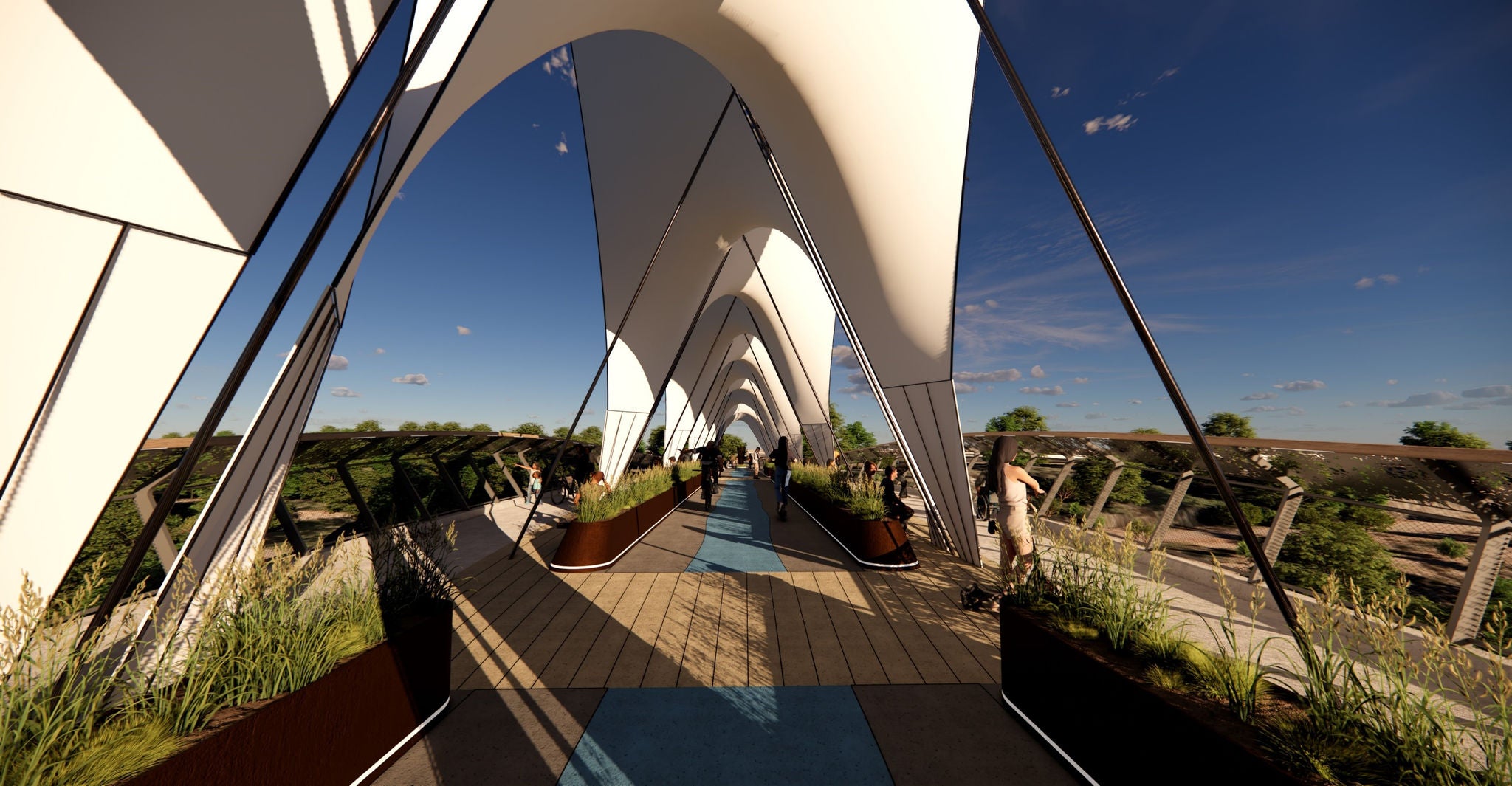 Rendering of a bridge walkway. It is covered by awnings to protect pedestrians from the sun.