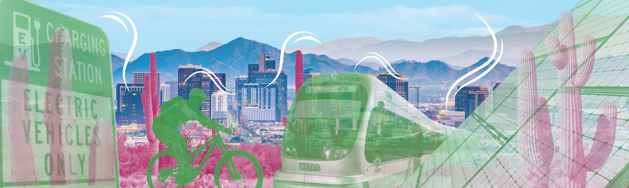 Graphic depicting the city of phoenix with a bike rider, the light rail and solar panels.