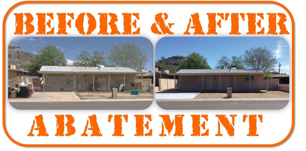 Before and after photo of a neglected property that is abated and becomes a nice livable home