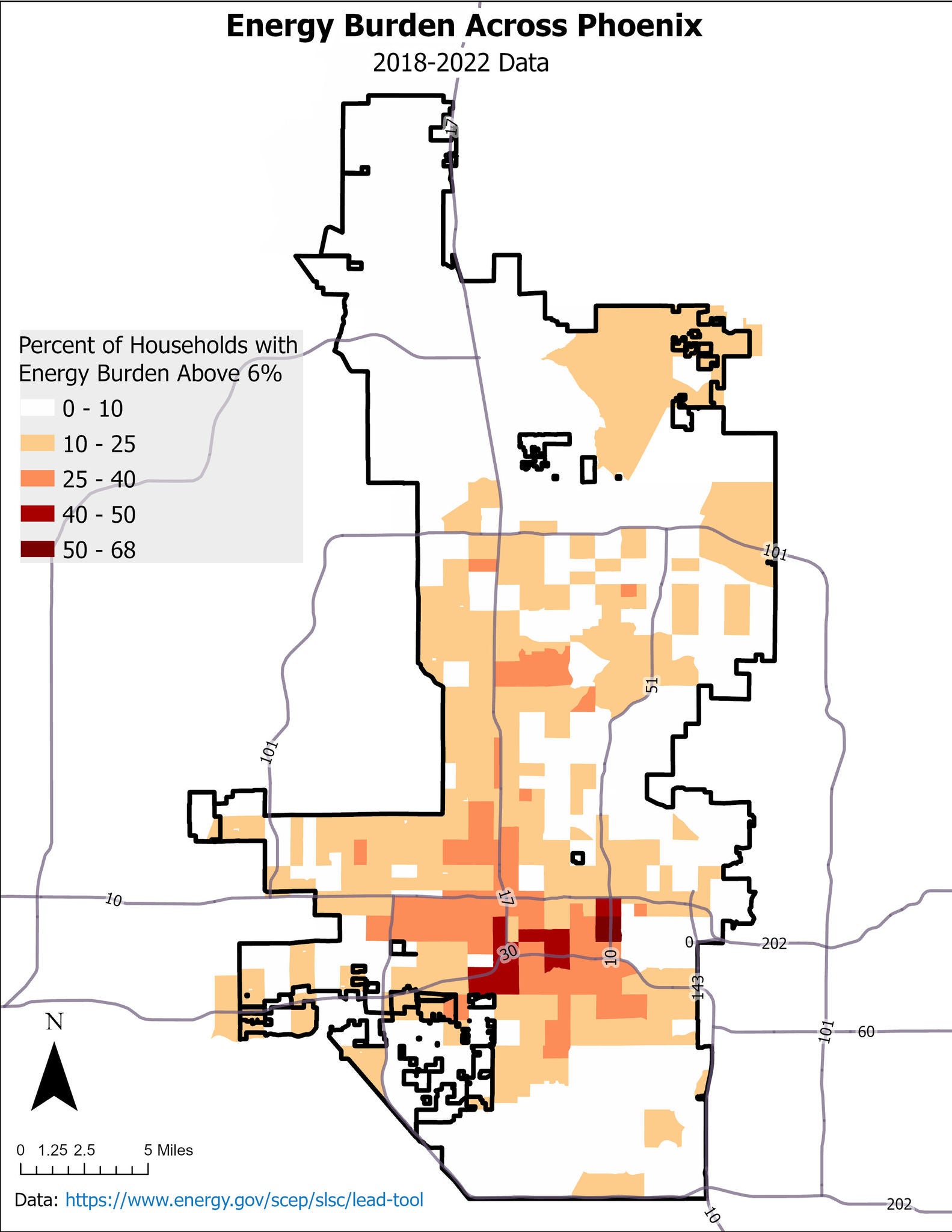 Map of the Phoenix Metropolitan Area highlighting areas where low-income households face an energy burden, indicating the percentage of income spent on electricity and gas bills. 