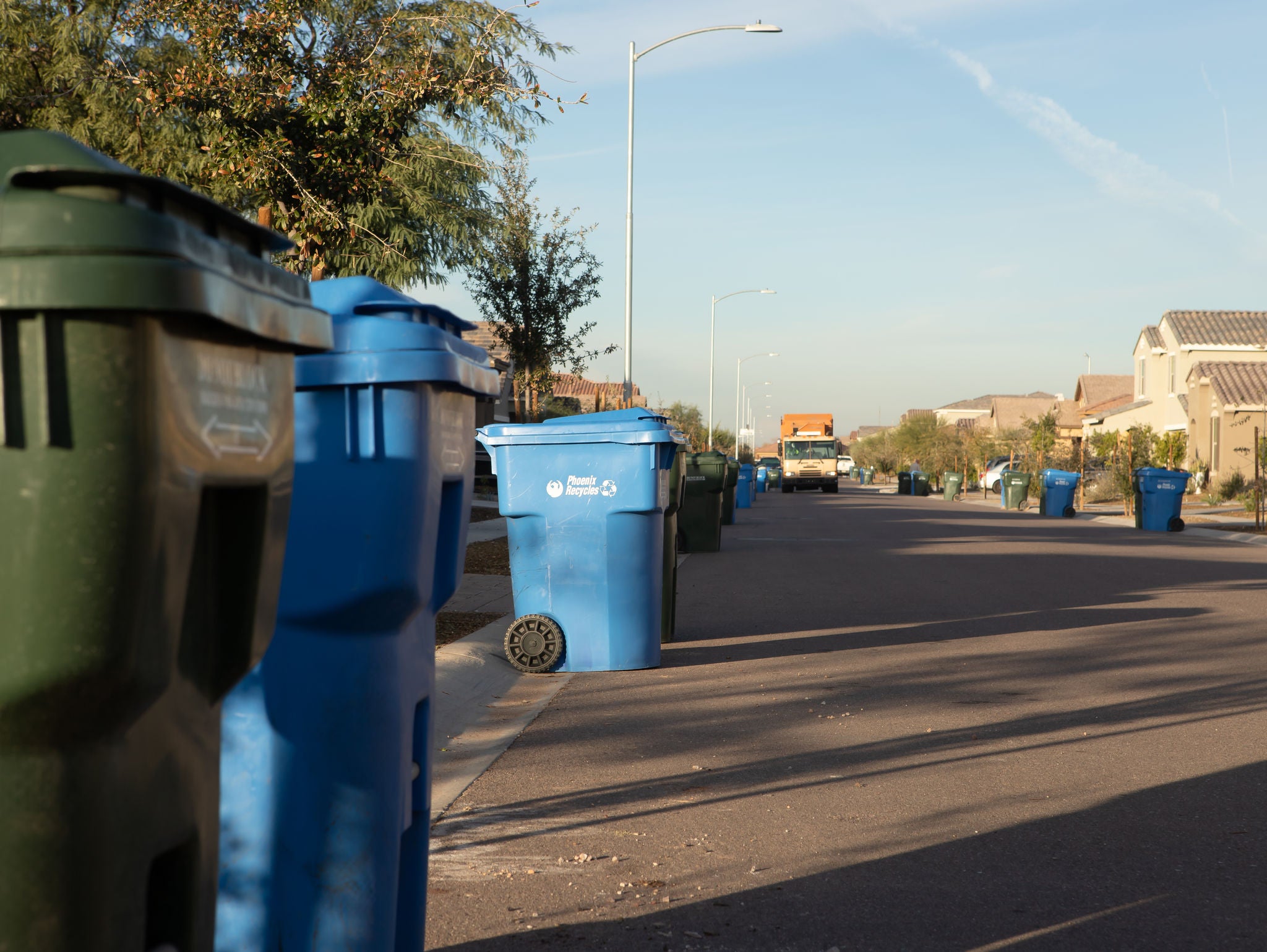 Trash and recycling containers on neighborhood street awaiting collection.