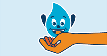 A human hand holding Wayne the water droplet