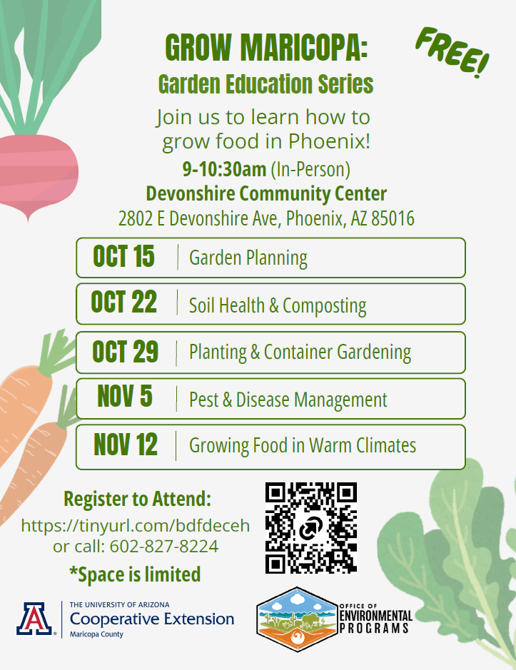 Flyer for free fall 2026 in-person gardening classes hosted by the University of Arizona Cooperative Extension