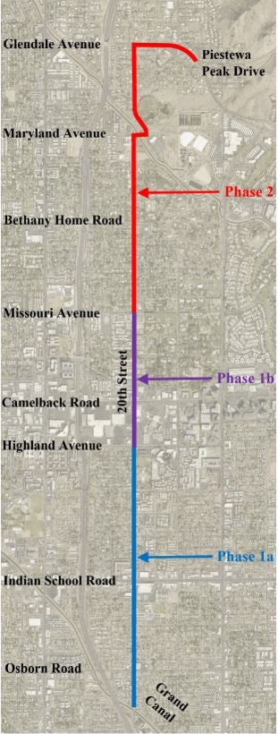 20th Street Area Project Phases Map, with colored lines indicating Phase 1A, Phase 1B, and Phase 2 along 20th street.