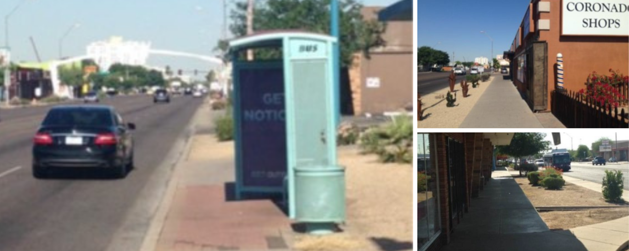 Collage shoeing current conditions on McDowell road. The pictures show sidewalks and a bus stop.