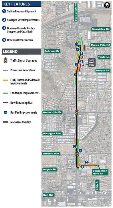 Map showing project area on Cave Creek Road from Angela Drive to Marco Polo Road. At various parts of the project area, the work will include traffic signal upgrades, power line relocation, curb, gutter, and sidewalk improvements, landscape improvements, new retaining walls, bud pad improvements, and microseal overlays.