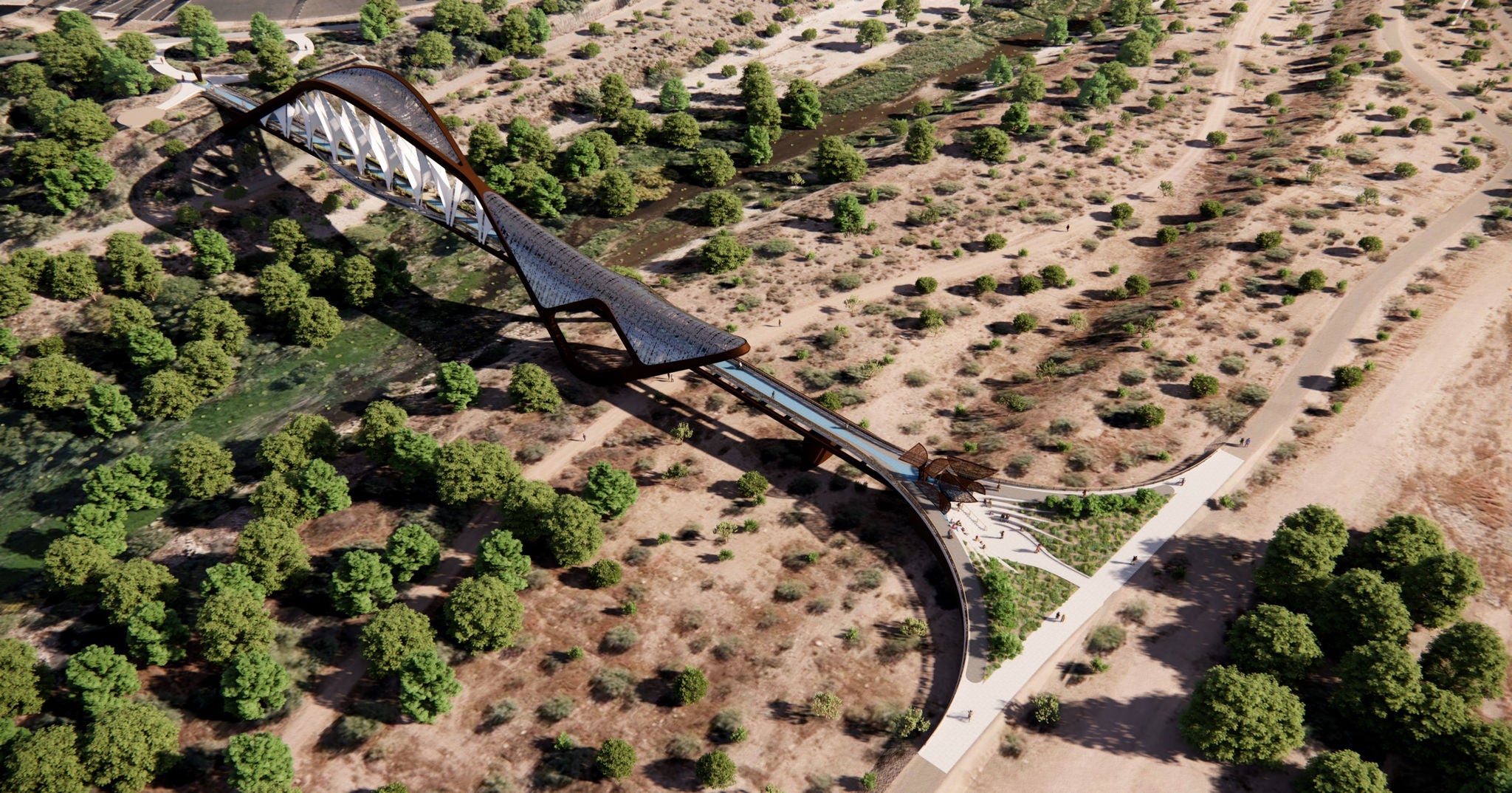 Arial rendering of a bridge going over scrub, greenery, and a river.