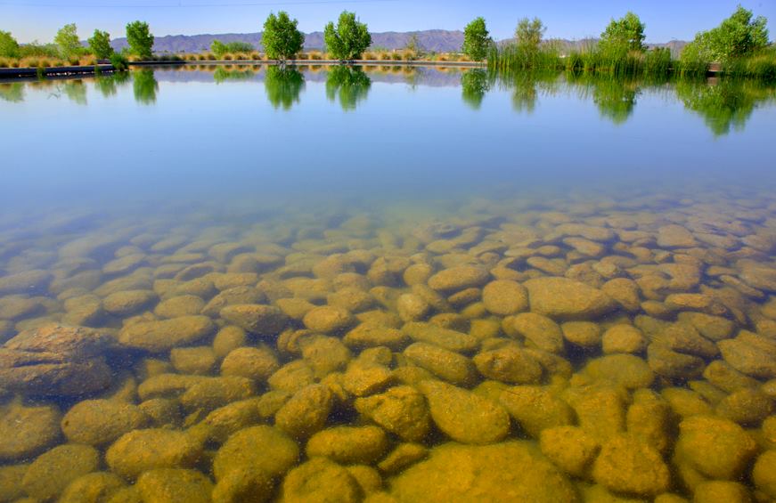 Visible rocks under placid water, with trees and mountains in the distance.
