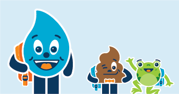 Wayne the water drop, Mr. Loo Poo the wastewater icon, and Hopper the frog carry backpacks