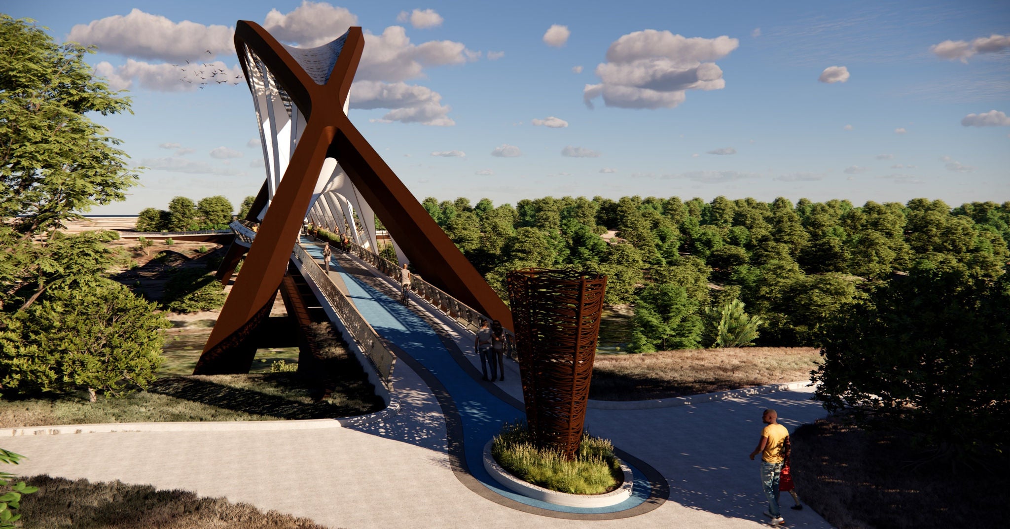 Rendering of a pedestrian bridge going over a river and trees. It is made of arching brown metal that covers the bridge.