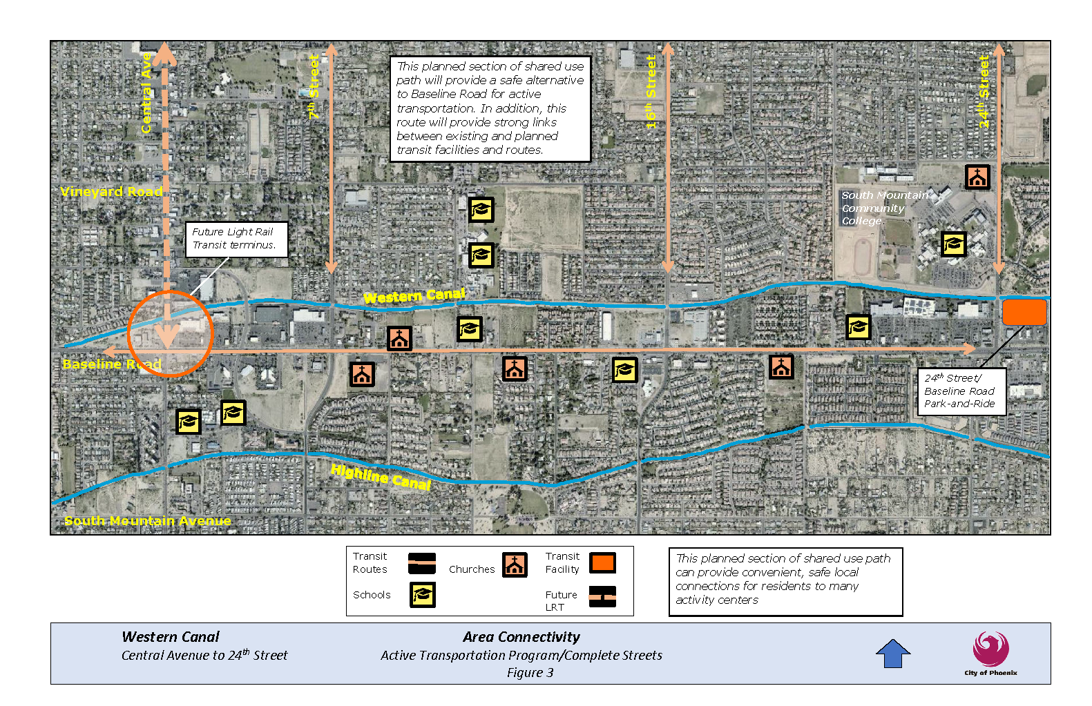 Map of Central Avenue to 25th Street, showing the future light trail transit terminus to the 24th Street/Baseline Road Park-and-Ride. This planned section of shared use path will provide a safe alternative to Baseline Road for active transportation. In addition, this route will provide strong links between existing and planned transit facilities and routes.