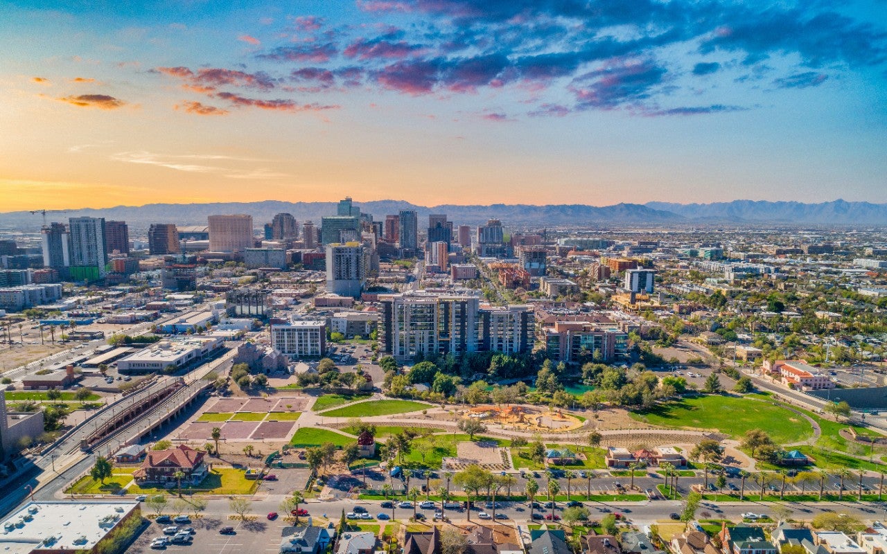 An aerial view of downtown Phoenix, with Hance Park in the center.